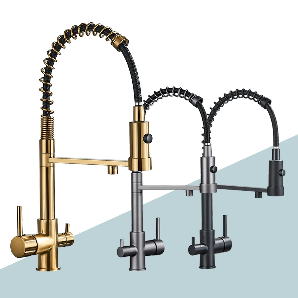 Pull Down Filter Kitchen Faucet Black 3 Way Drinking Pure Water Faucets Brass 360 Flexible Purification Water Mixer Tap