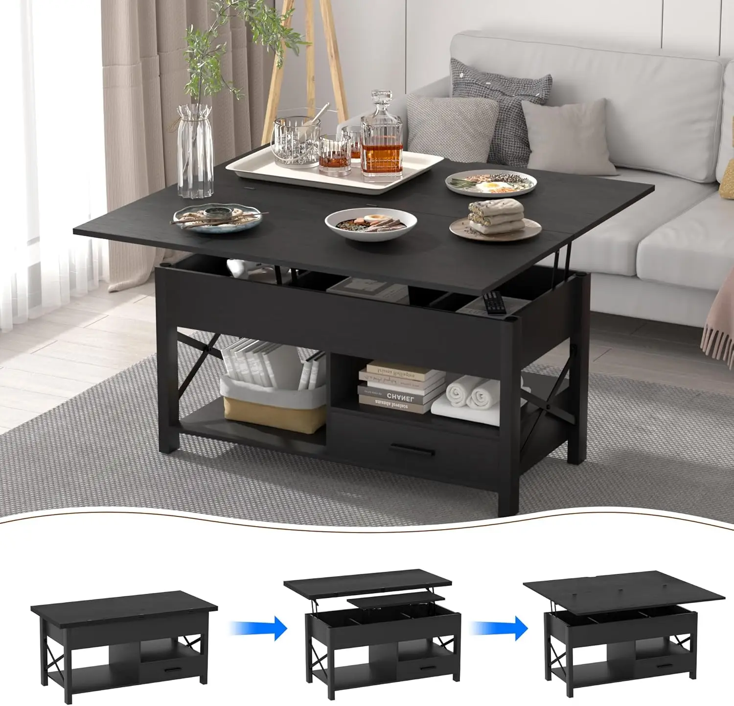 Lift Top Coffee Table, 42” Multi-Function Coffee Table Converts to Dining Table, Center Table with Storage Drawer , Black