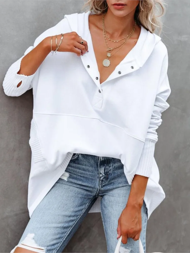 Autumn Winter V-neck Hooded Batwing Sleeve Hoodie Threaded Splicing Top For Women Pullovers Casual Loose White Women Sweatshirt