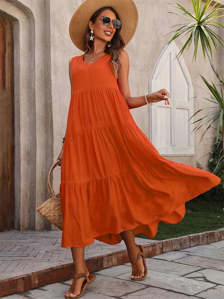 2025Women Dress Summer Casual Brand Vacation Holiday Beach Long Dresses V-neck Loose Elegant Yellow Black ruffles Dress Femme