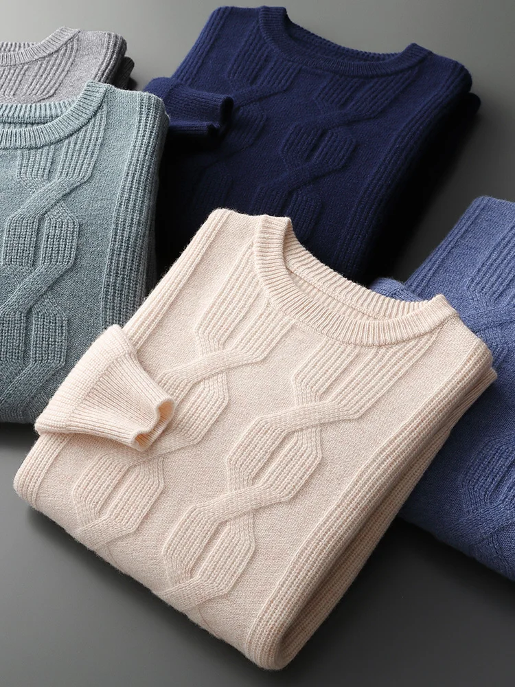 Trend Autumn Winter Men's Sweater Pullover 100% Merino Wool Knitted Smart Casual Inside Join O-Neck Twist Flower Retro Clothing