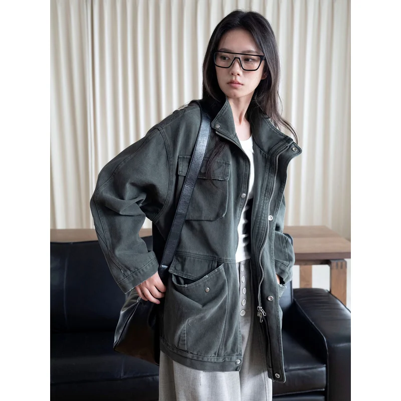 QICHE 2026 Women Japanese Workwear Style Stand Collar Army Green Heavy Washed Loose Jacket Multi Pocket Outerwear Autumn