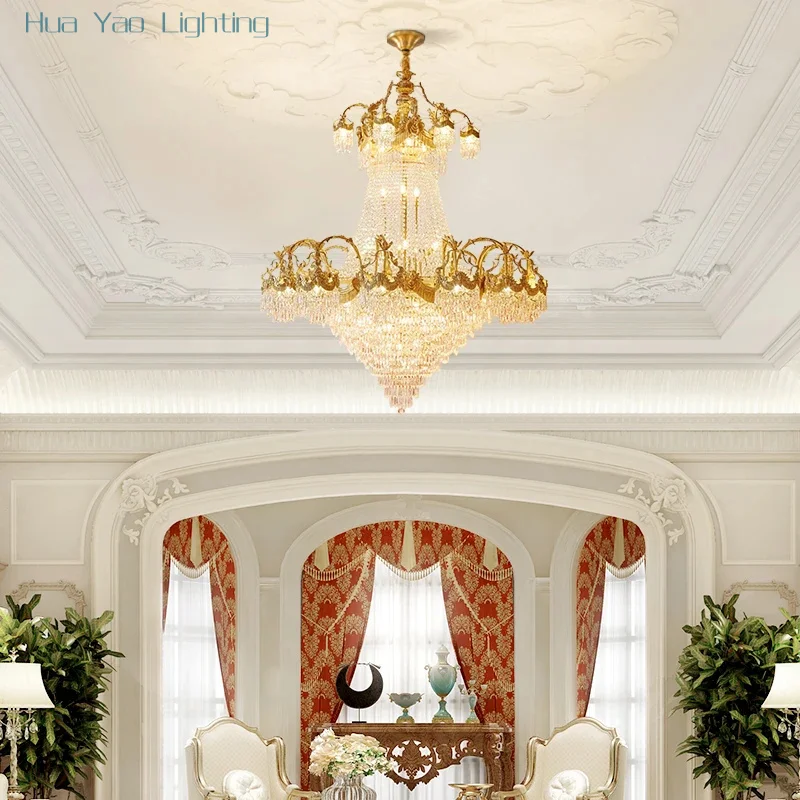 European Home Wedding Indoor  Living Room  Decorative Lamps Suspension Hanging  Hotel Lobby Brass  Luxury Led Crystal Chandelier