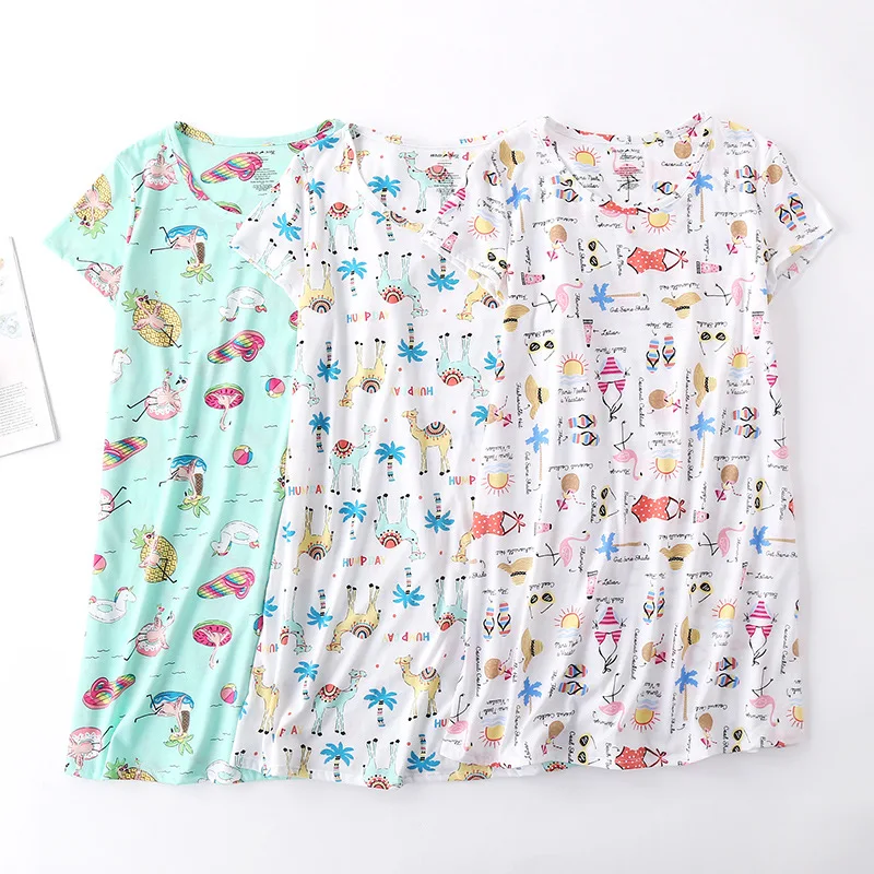 Summer Female Casual Cartoon Sleep Dress Ladies Cotton Nightgown Women Plus Size Short Sleeve Round Collar Sleepshirt S-XL