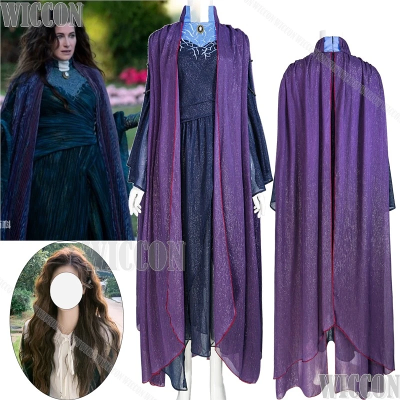 Agatha Harkness Cosplay Costume Witch Agatha TV All Along Cos Prop Curly Wig Women Purple Uniform Cloak Holloween Party Roleplay