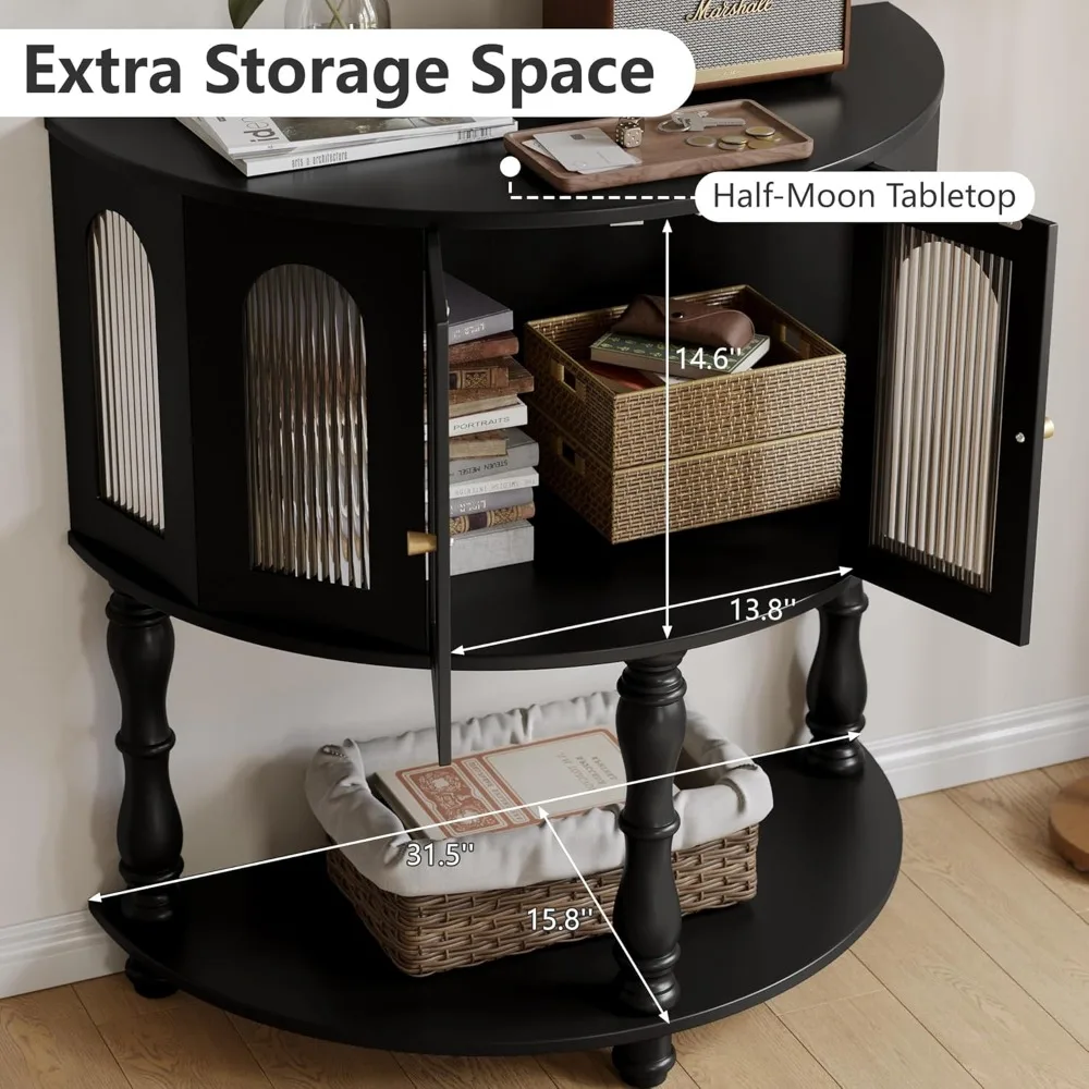 طاولة وحدة تحكم نصف قمر للمدخل، وحدة تحكم حديثة للمدخل من طبقتين مع رف تخزين وباب زجاجي، علامة تبويب أريكة نصف دائرة مقاس 32 بوصة