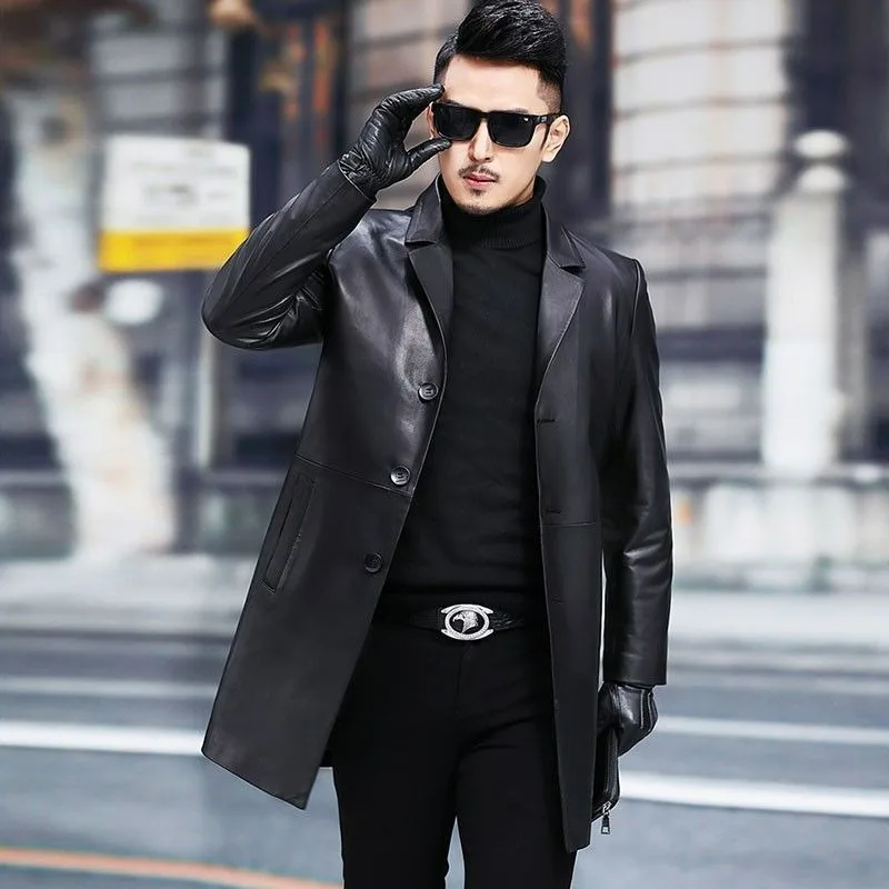 The New Leather Jacket for Men A Slimming Mid-length Trench Coat with Suit Collar Casual Jacket and Simple Yet Fashionable Style