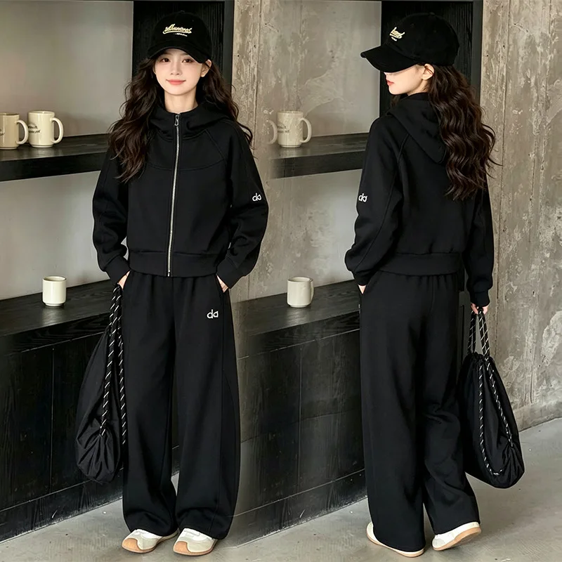2026 Winter Autumn Teenager Kids Girl Children Set Clothes Jacket Top Hooded + Wide Leg Pants Tracksuit 4 8 10 11 12 14 15 Year