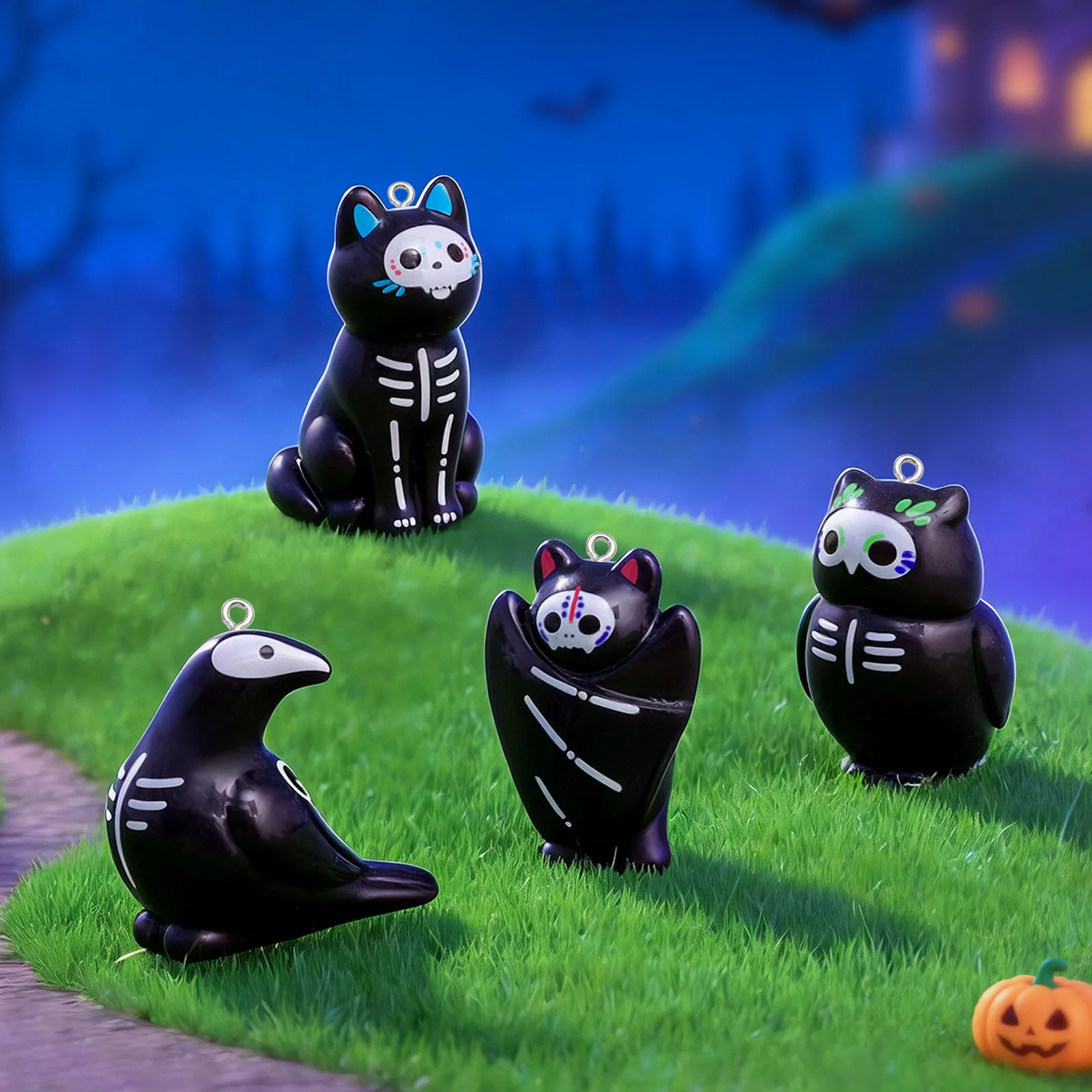 Halloween Resin Mini Skeleton Animal Figurines, Black Cat Owl Crow Bat Ornaments, DIY Jewelry Making Charms, Fairy Garden Micro