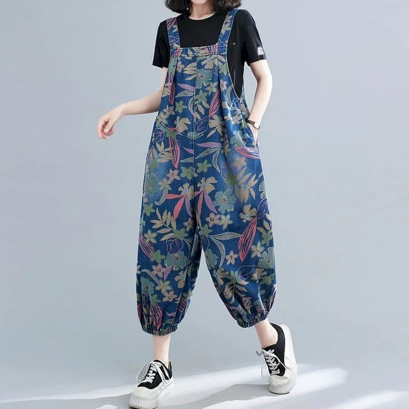 

Джинсовый комбинезон для женщин, слитный наряд большого размера, женский комбинезон в этническом стиле с принтом, Свободные повседневные винтажные брюки в Корейском стиле