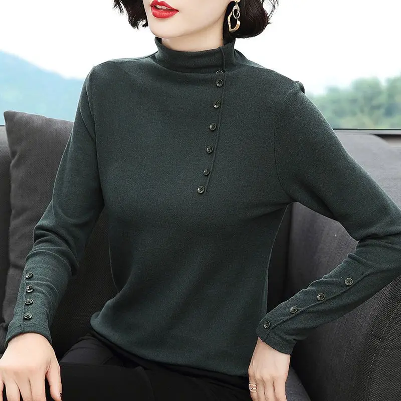 Spring New Women's Solid Color Slim Fit Mid-Collar Double-Faced Fleece Top