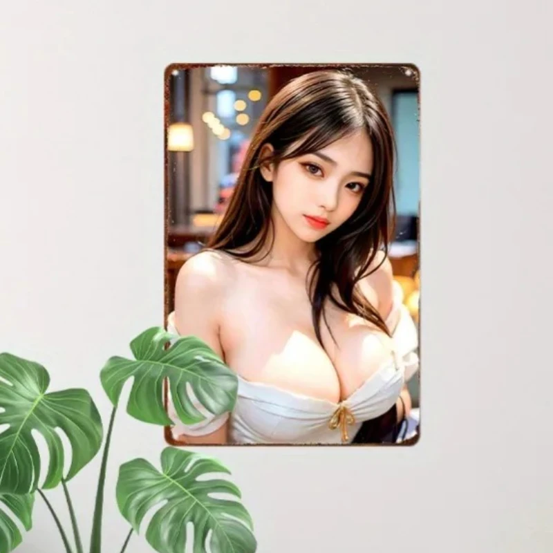 Vintage Alluring Asian Woman Metal Tin Sign - Retro Charming Girl with Long Wavy Brown Hair in White Off-Shoulder Top with Gold