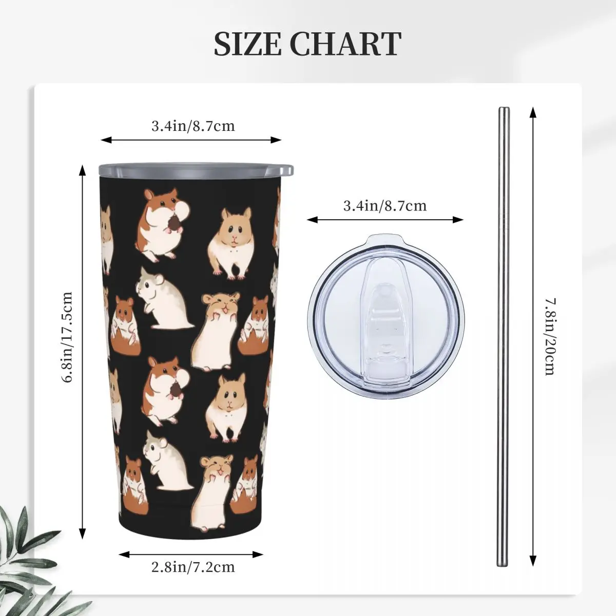 Cute Hamster Pattern Stainless Steel Tumbler Vacuum Insulated Mugs Thermal Cold Bottle Straws With Lid 20oz