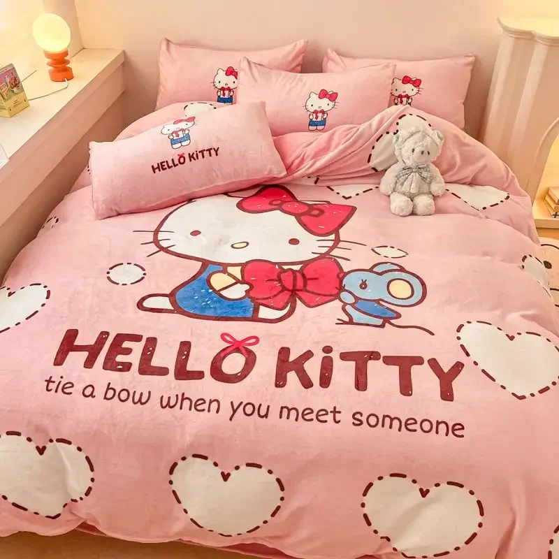 Sanrio Kuromi 100% Milk Fleece 3kg Four-piece Flannel Hello Kitty Melody Kids Three-piece Quilt Cover Bed Sheet Pillowcase