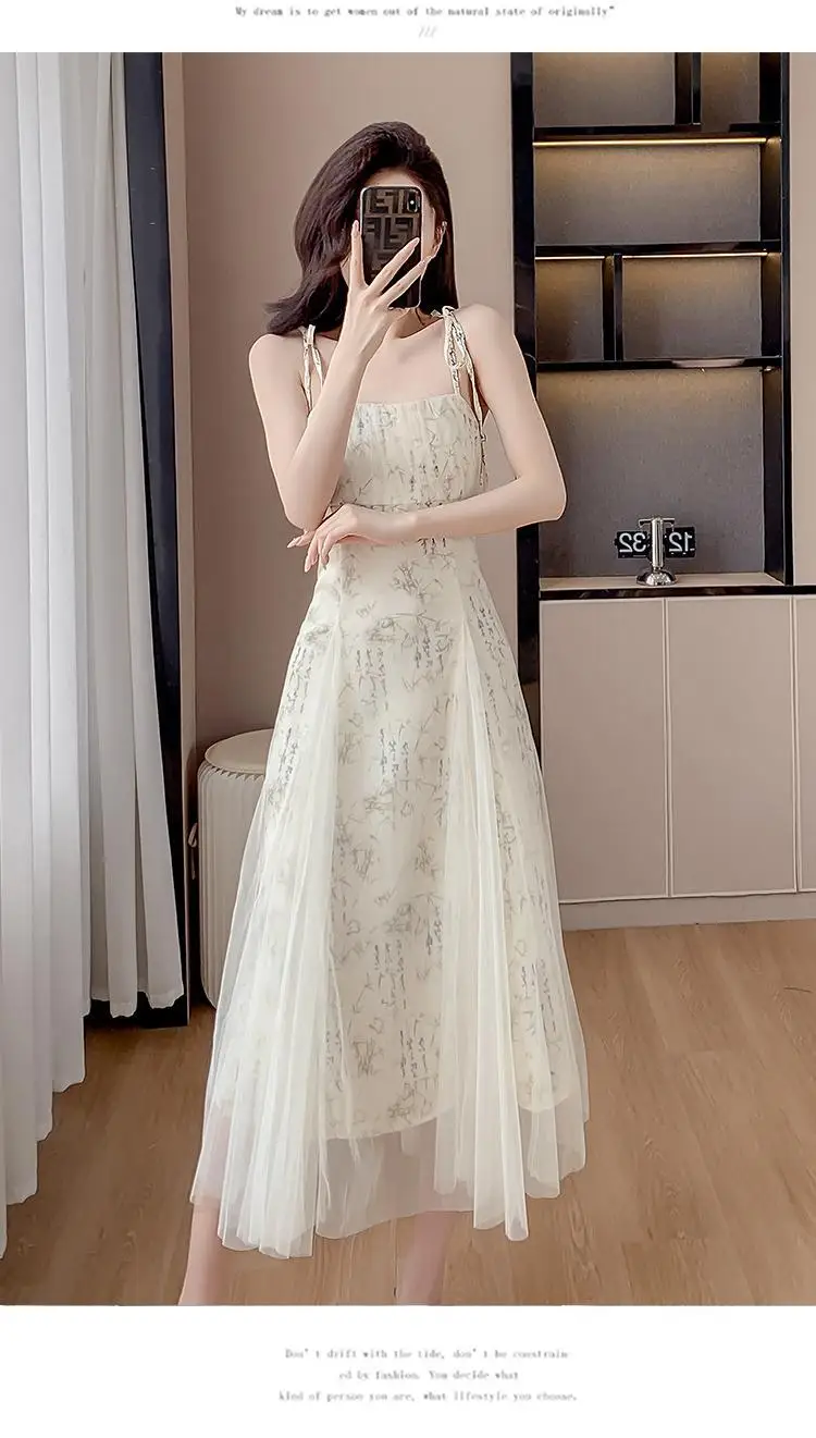 Novo vestido feminino com suspensórios e emenda de malha fluida com pintura de paisagem