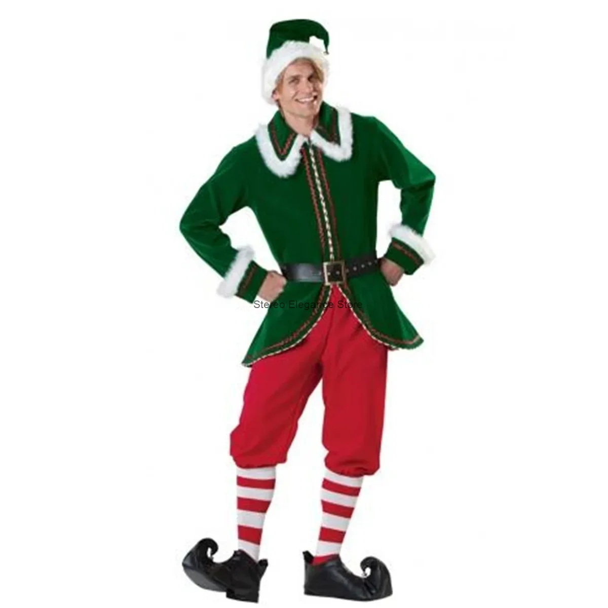 Mannen Vrouwen Fluwelen Kerst Kerstman Cosplay Kostuum Paar Kerstman Uniform Groene Elf Kerst Pak Winter Sexy Fancy Party Dress