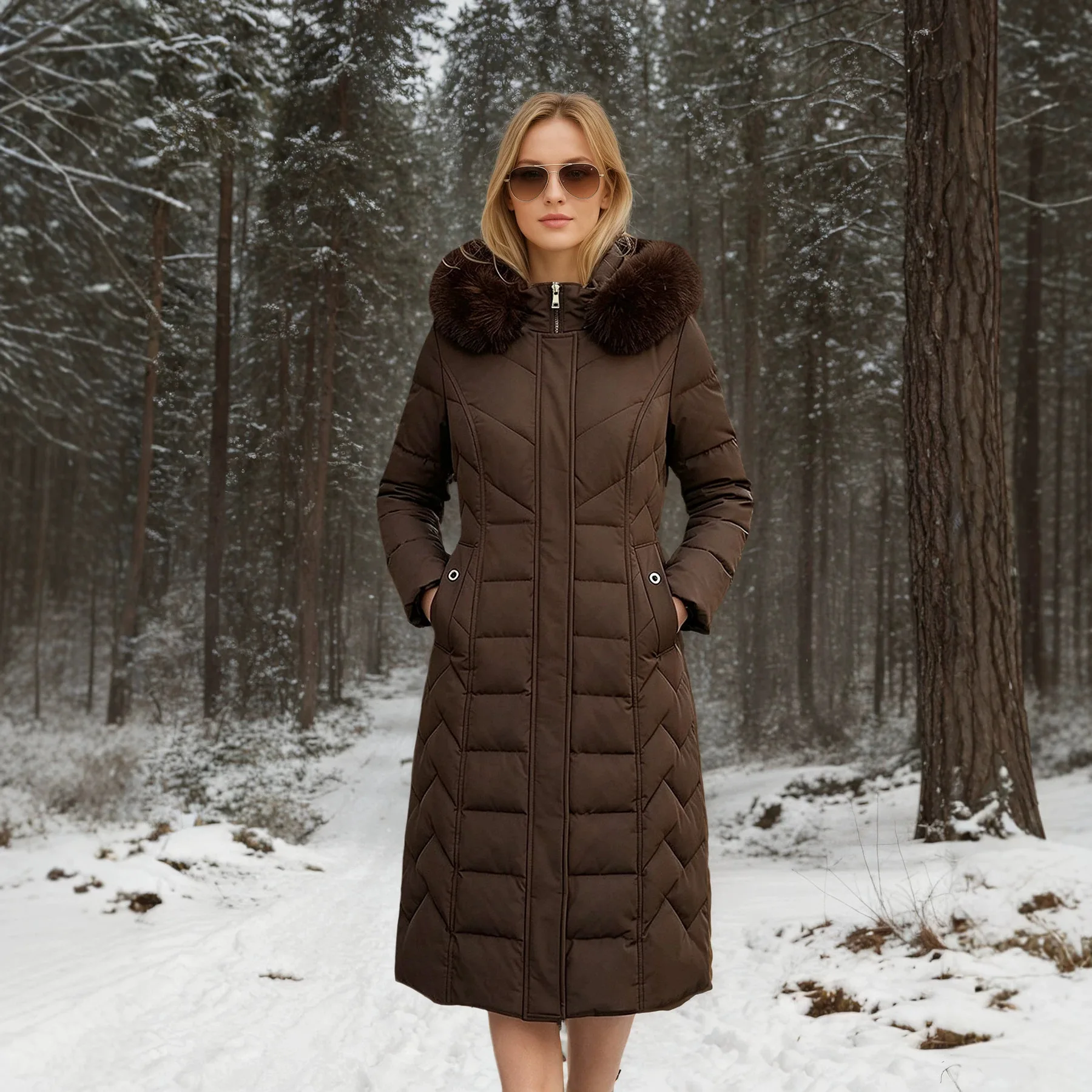 Elegant Long Over Knee Hooded Faux Fur Collar Zip Up Padded Cotton Coat Warm Daily Casual Basic Classic Trendy Winter Outerwear