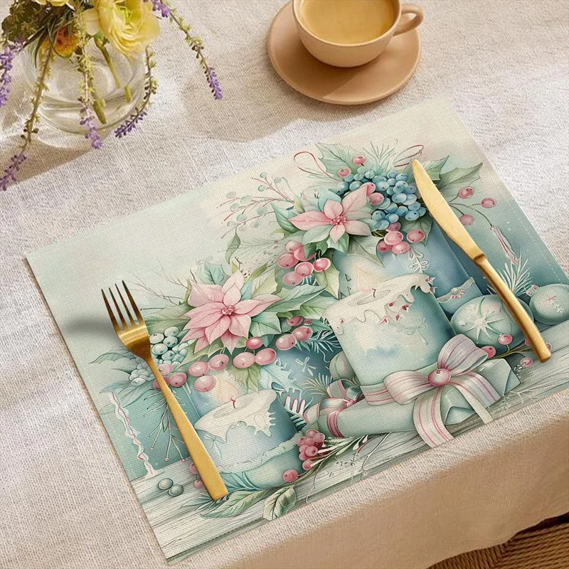 VIKAMA Linen Placemats Pastel Pink Santa Deer, Mint Pink, Stain Resistant Easy to Clean, Dining Table Holiday Decor