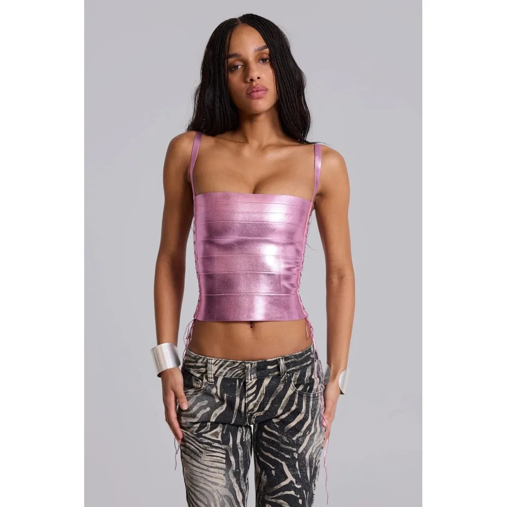 Gorgeous metallic bandage strapless short vest, American spicy girl sexy suspender top, daily party outfit