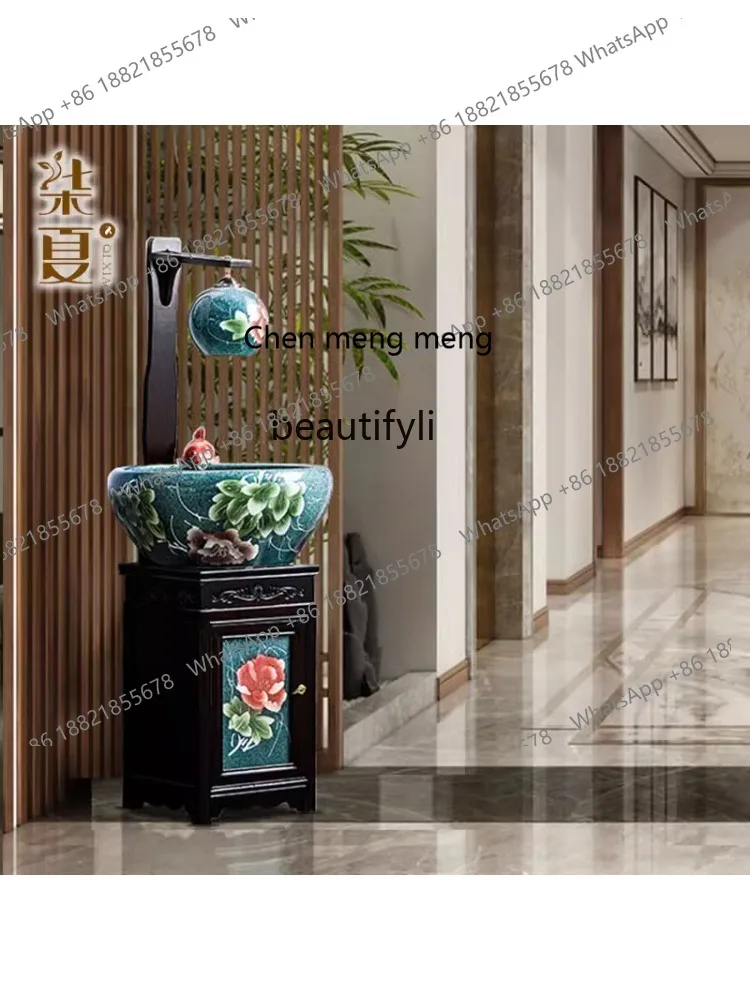 Living Room New Chinese Style Lucky Water Landscape Fish Tank Large Floor Water Fountain Decoration Ceramic Bonsai Humidifier