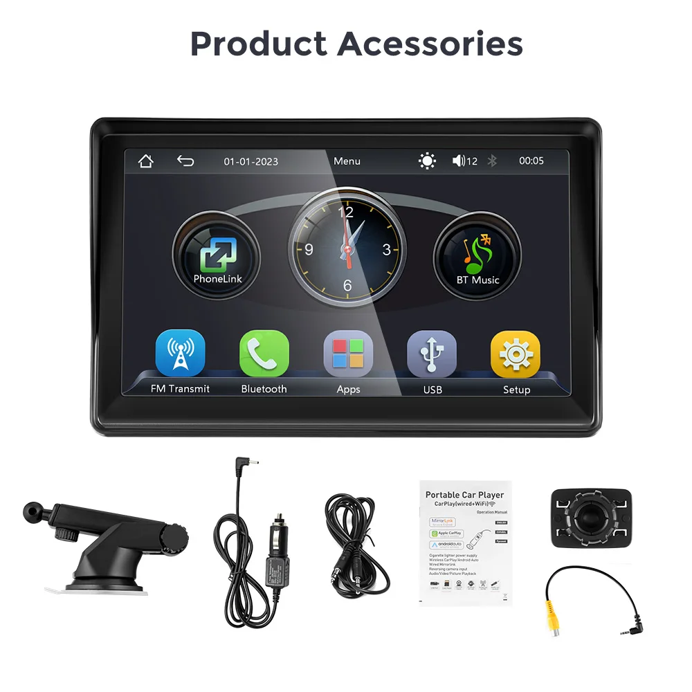 Portable Car Radio Multimedia Video Player Wireless CarPlay Android Auto Universal 7 inch Touch Screen With FM Rear View Camera