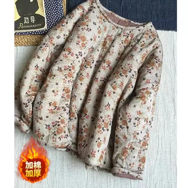2024 Lente Herfst Losse Oversized Gebloemde Katoenen Jas Ronde Hals Etnische Stijl Lange Mouwen Retro Vrouwen Gewatteerde Jas Top Z4717