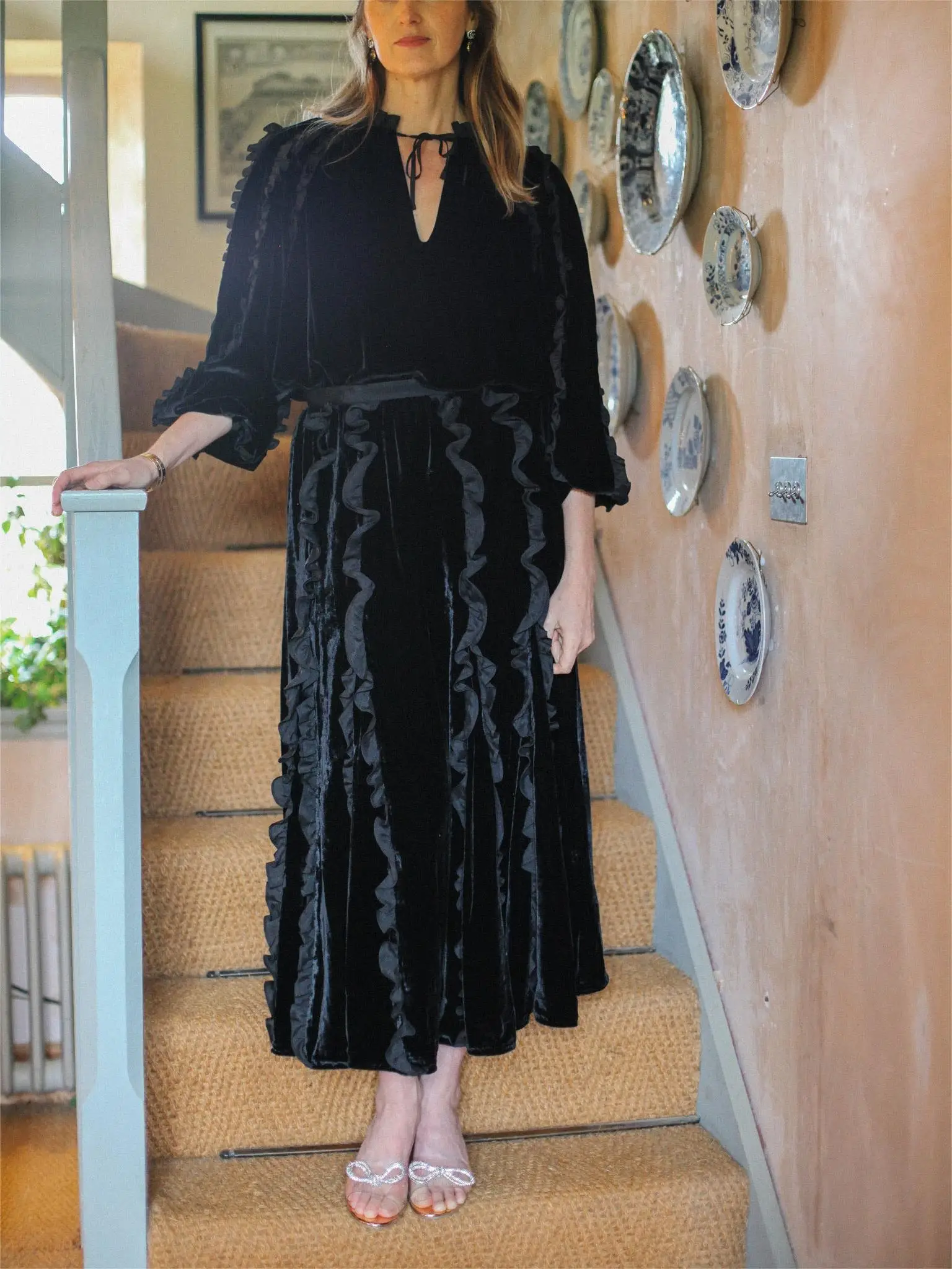 

Silk Velvet f Skirt Women's Faion Spring High Waist Midi Skirt Lace Trim Heavy Embelliment Simple Color Long Skirt