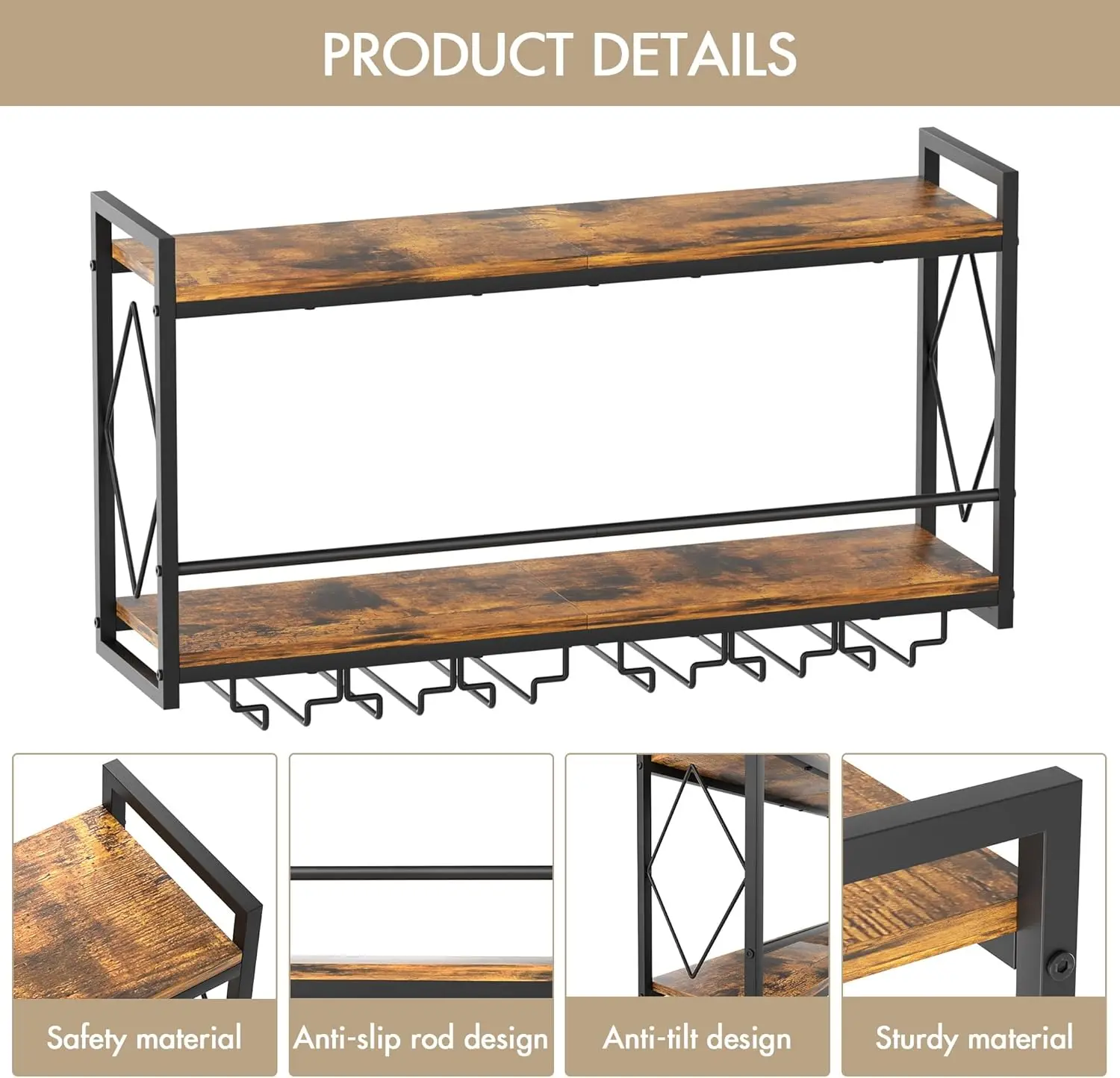 Wall Mounted Wine Rack with LED Light, 31.5" Bar Shelves with Glass Holder, Metal Hanging Storage for Kitchen Home Bar