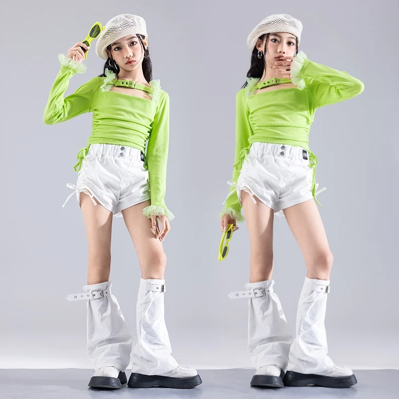 Nieuwe Street Dance Meisjes Groep Kleding Jazzdans Lange Mouw Trekkoord Top Shorts Pak Hiphop Outfits Schoen Kleding DQL9991