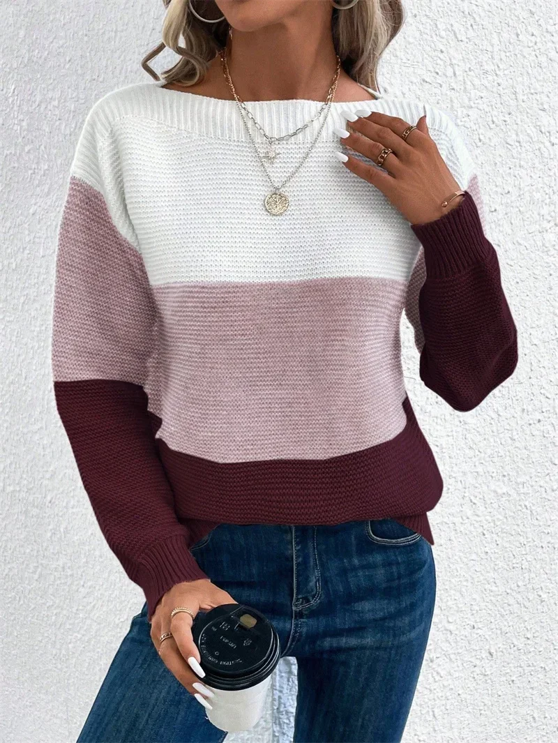 Elegant Three-color Patchwork Sweater Women Daily Commuter Casual Loose Jumpers Female Autumn Winter Knitted Thickened Warm Tops