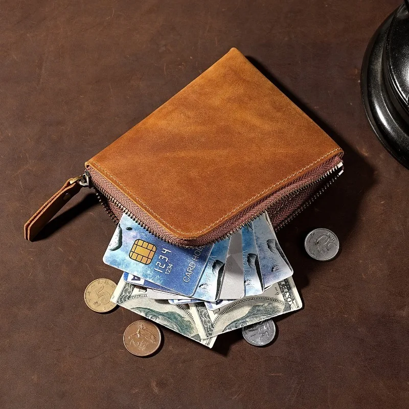 Vintage Crazy Horse Leather Wallet Card Holder Coin Purse for Men Women Mini Pocket Wallet Custom Name Logo Engraving
