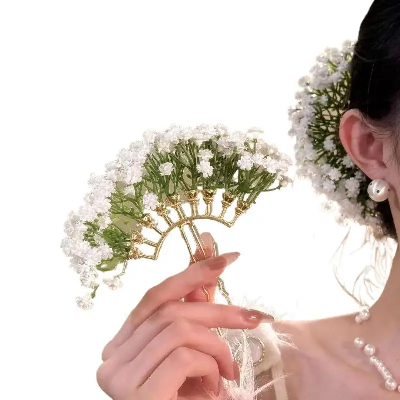 Boho-Haarnadel für Hochzeiten, Gypsophila-Kunstblume, U-Pin für Festivals, Partys, besondere Anlässe, Vintage-Brautaccessoire – Detail 6