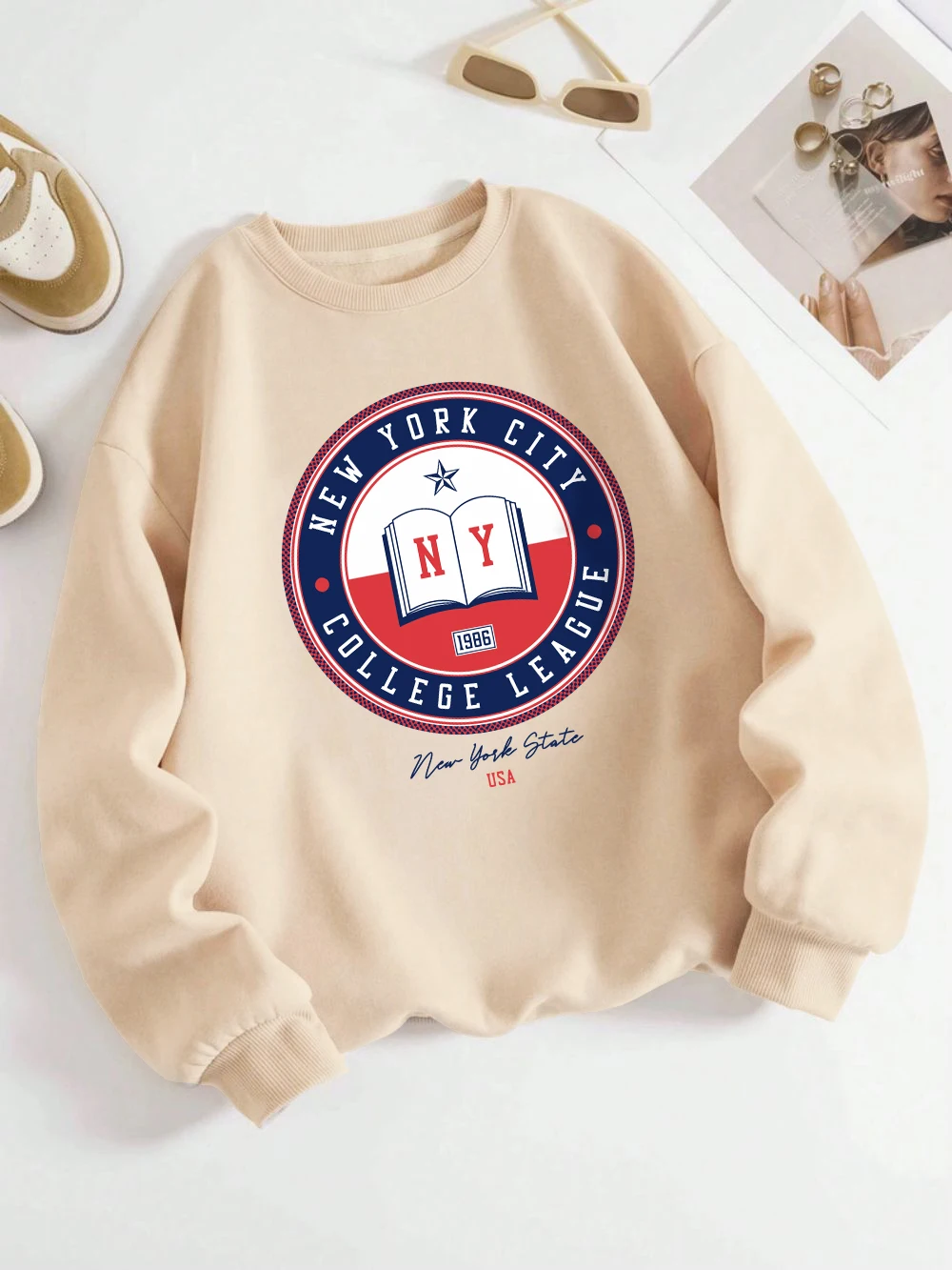 New York City Sweatshirts Women College League Printed Hoodie Loose Fleece Warm Crewneck Clothes Winter Sporty Womans Pullover