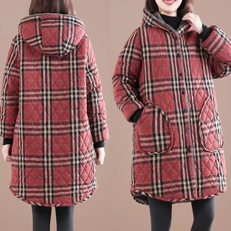 Women's Cotton Coat Parka Mid-Length Hooded Plaid Jacket Outerwear Winter Jacket Loose Add Velvet To Keep Warm Overcoat Female