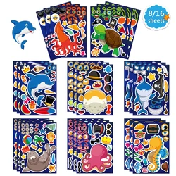 8/16Sheets Make a Face Sea Animal Puzzle Stickers For Kids Funny Ocean Marine Life Sticker Toys Children Jigsaw Kids Educational