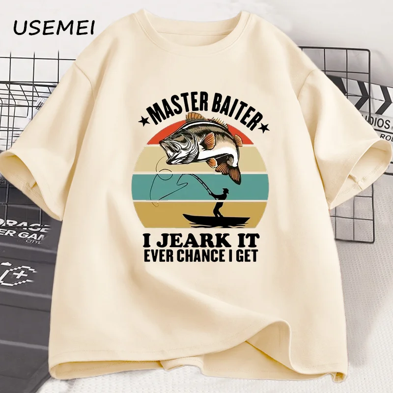 Master Baiter I Jerk It Funny Fish T-shirt Vintage Fisher Casual Graphic T Shirts Summer Round Neck Tees Father's Day Gifts