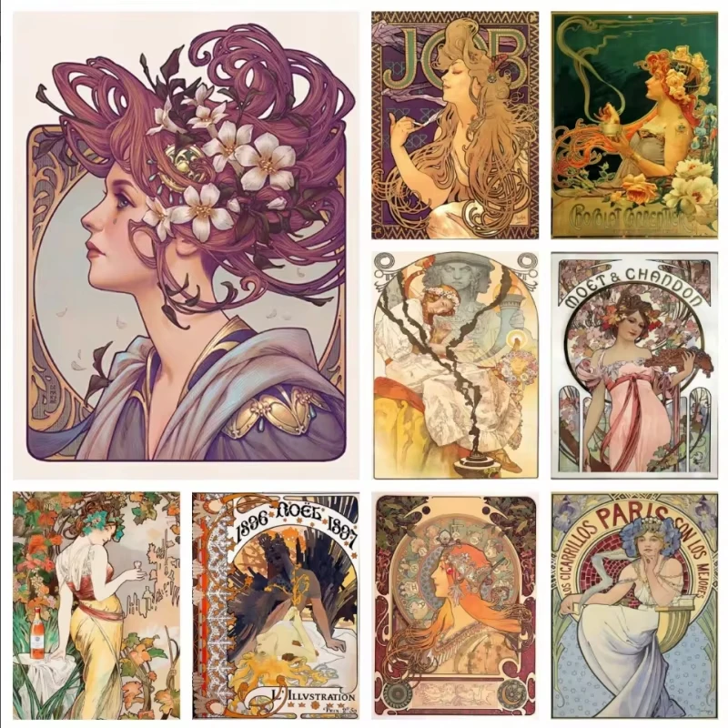 Alphonse Mucha Schönheitsstil Diamantmalerei-Set für Heimdekoration 5D DIY Vollflächiges Leinwand-Ölgemälde nach Zahlen Bilder Kunst