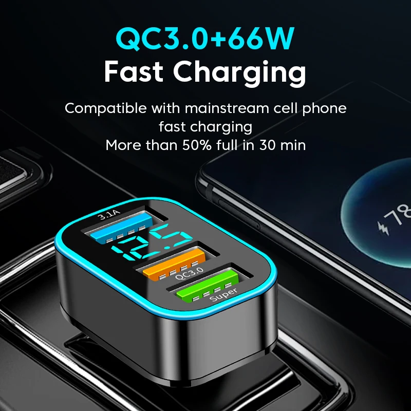 Elough 66W 3 Ports USB Car Charger Fast Charging Type C Lighter PD Car Phone Charger Adapter For iPhone 14 Samsung Huawei QC 3.0