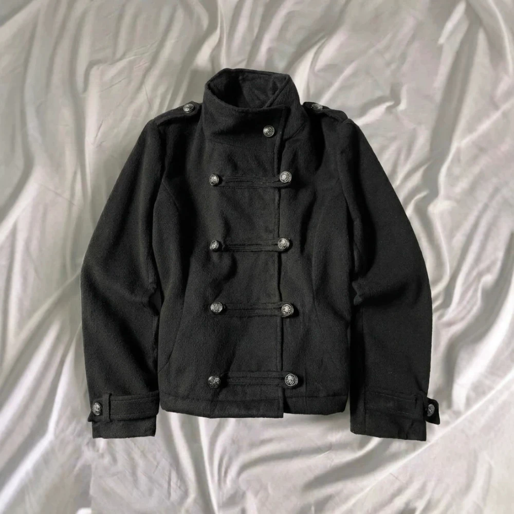 Women Y2K Wool Jacket High Stand Collar Double Breasted Buttons Shoulder Epaulets Short Coat Gothic Streetwear For Autumn Winter