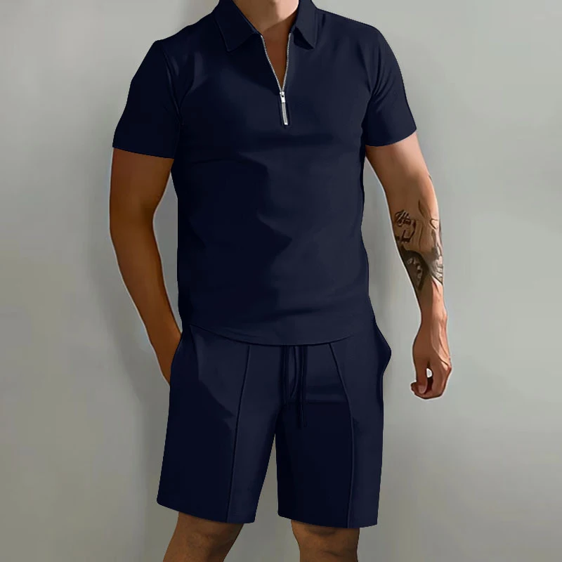 Summer New Solid Color Men\'s Sets High Street POLO Collar Short Sleeve Zip Fastener Pullovers Elastic Waist Pockets Y2K Shorts