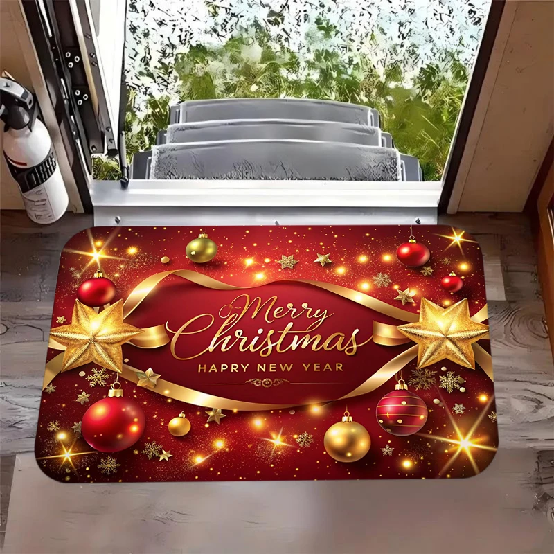 Red Gold Star Ribbon Merry Christmas New Year Ornament Glow Entrance Mat Non-Slip Doormat for Front Door Porch Sparkle