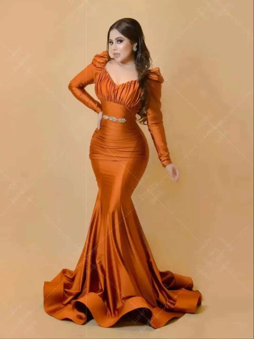 Luxury Arabic Mermaid Evening Dresses Woman\'s Sexy V Neck Long Sleeve Satin Formal Plus Size Prom Gowns Vestidos فساتين السهرة