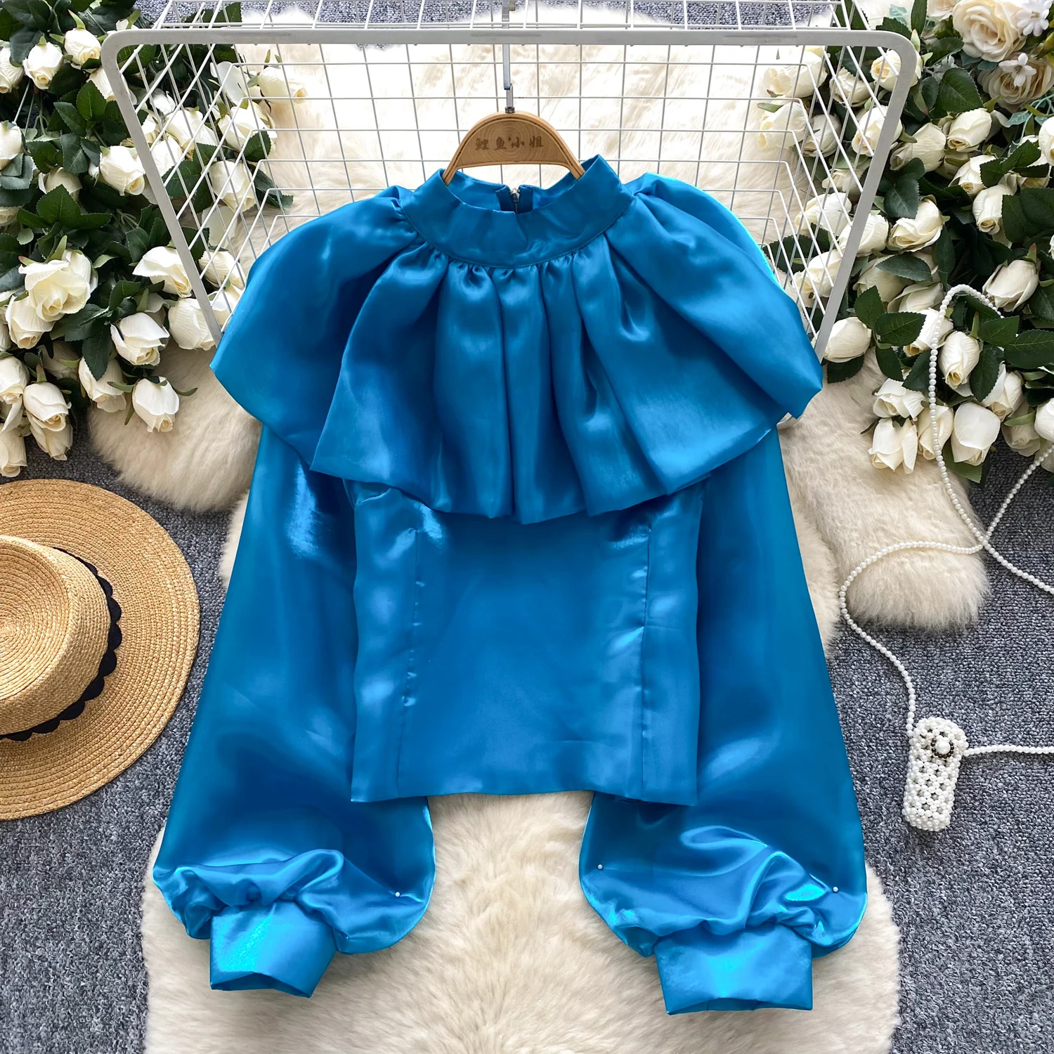 

Vintage Elegant lantern sleeve satin long sleeve Blouse Fashion Shirt Chic Top Fairy autumn women clothing