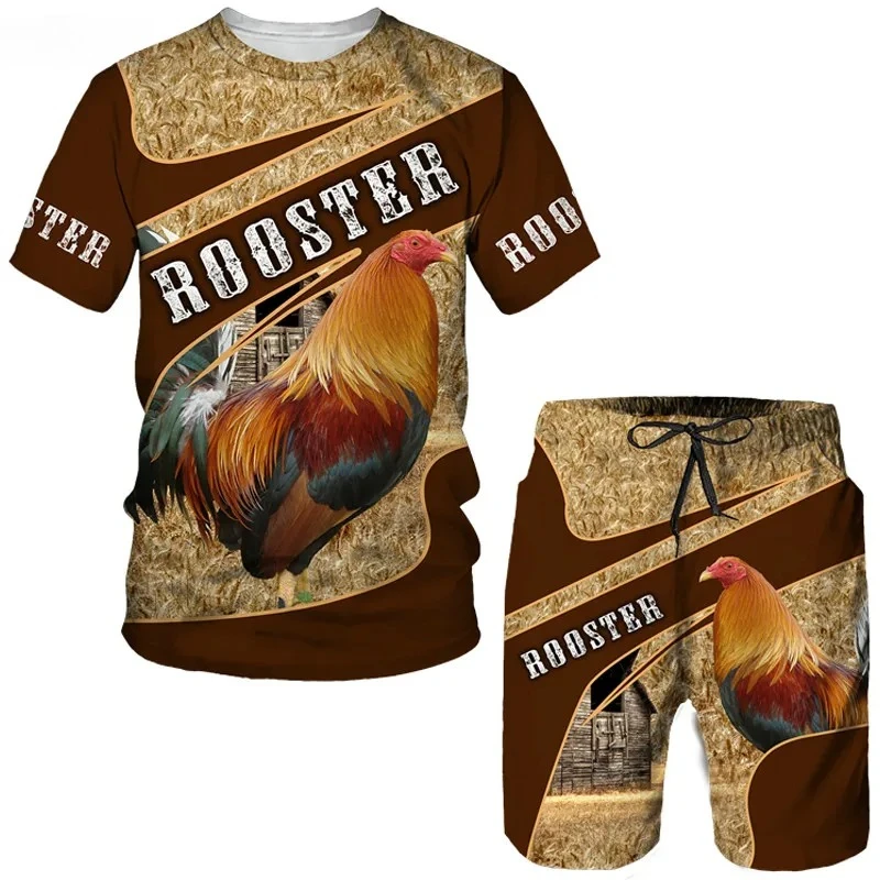 2025 Chicken Rooster Animal Men's 3D Printing Summer Men's Leisure Sports Set Fun Hunting Chicken Camo T-shirt Shorts Set