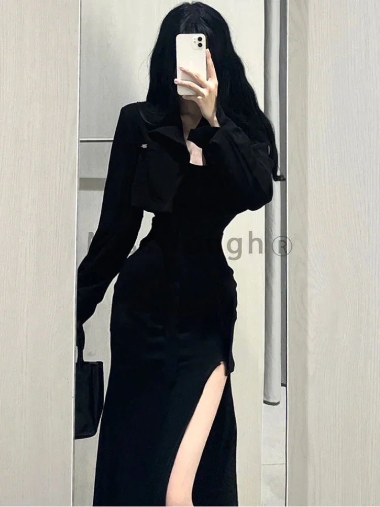 French Vintage Gothic V Neck 2 Piece Sets Women Autumn Solid Y2k Open Fork Dress+ Black Elegant Coat Female 2000s Chic Clothes