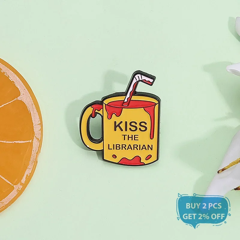 Kiss the Librarian Blood Mug Enamel Pin Vampire Horror Movies Inspiration Metal Brooch Lapel Badge Jewelry Gifts For Friends