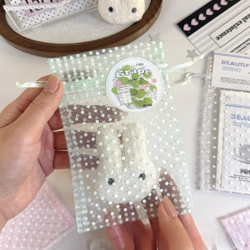 Ins Solid Polka Dot Mesh Drawstring Bag Cute Tote for Journaling Supplies Small Gift Wrapping DIY Storage Organizer Pouch