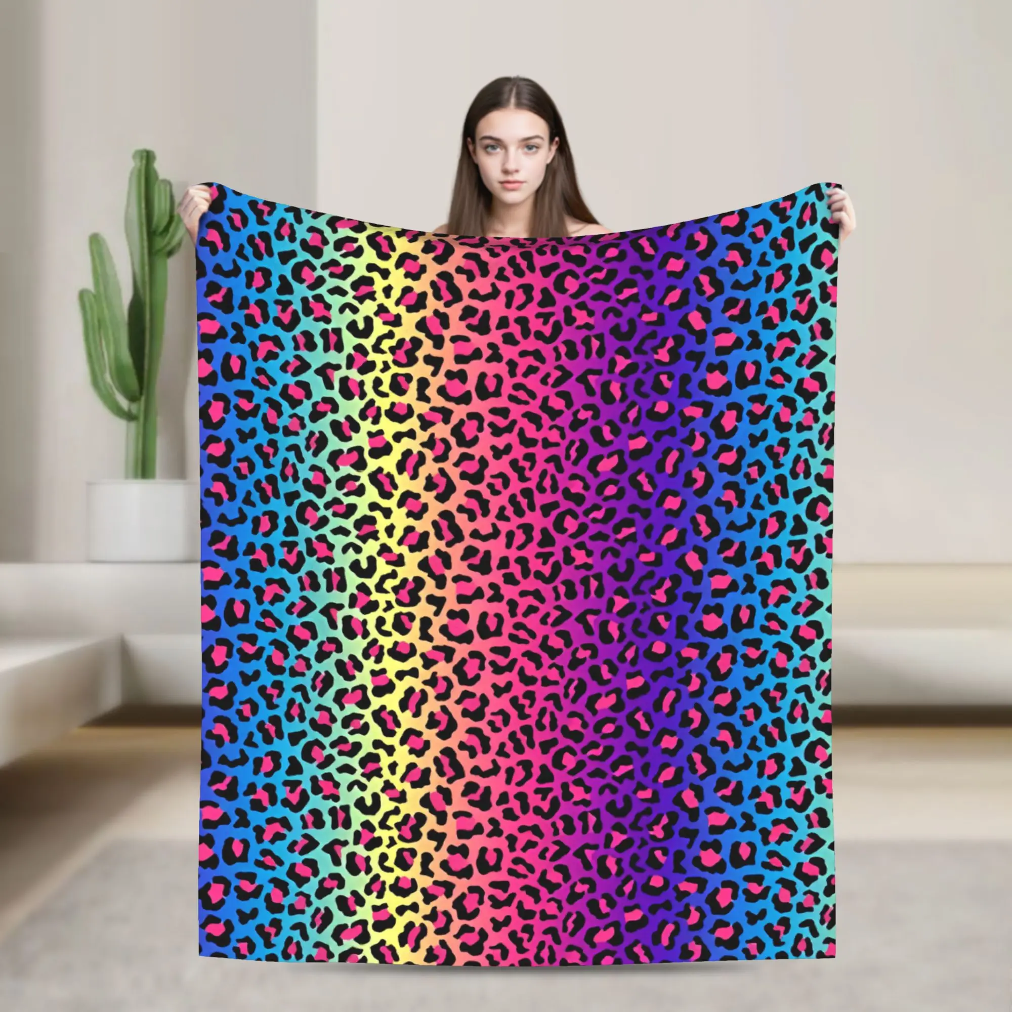 Rainbow Leopard Blanket  Warm Soft Street Trend Plush Throw Blanket For Couch Bed Camping Flannel Bedspread Bed Cover