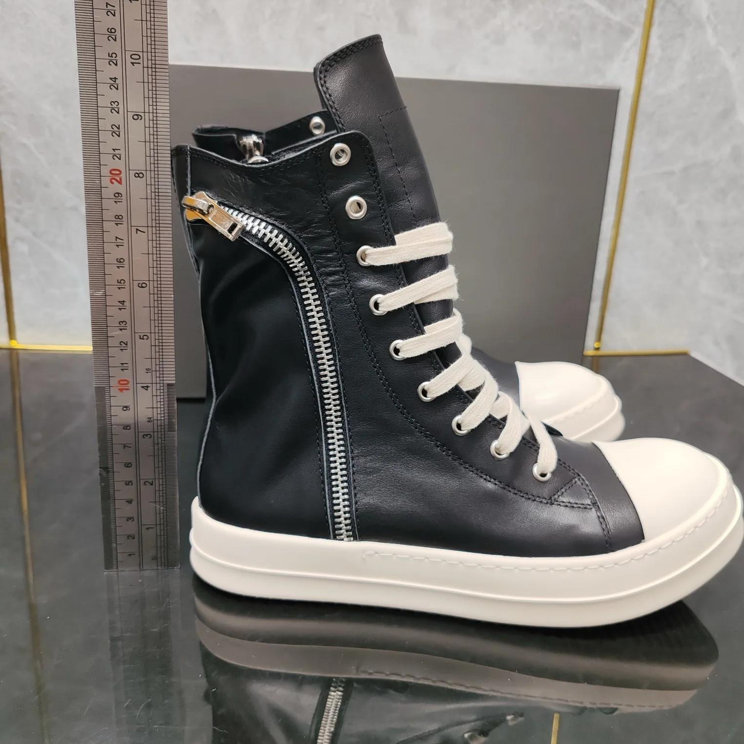 Rick shoes black cowhide pocket high-top shoes with zipper fashion men's shoes women's shoes spring and autumn Harajuku style.