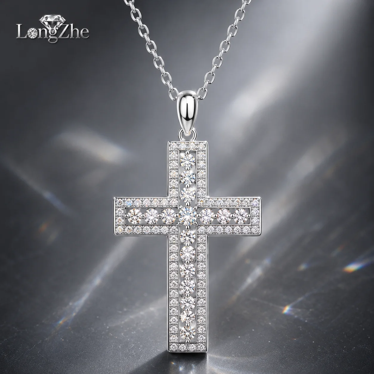 Moissanite Cross Pendant Necklace S925 Sterling Silver Platinum Plated Pave Christian Faith Jewelry Gift for Women D Color VVS1